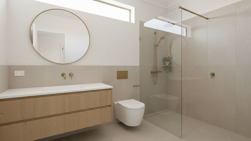 Wide-angle view of a small renovated bathroom with a wall-hung vanity and glass shower screen.