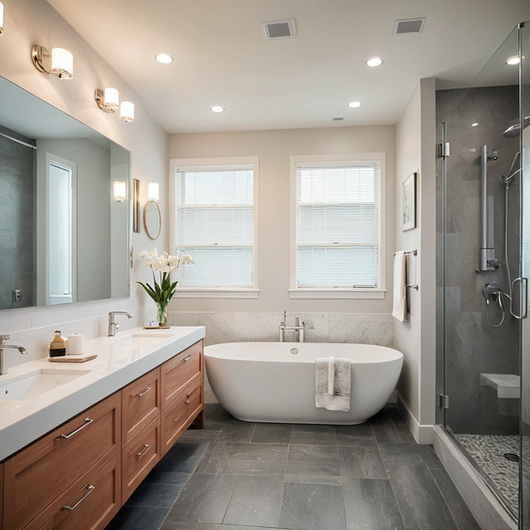 Sunlit bathroom with light wood tones, freestanding bathtub, white vanity, and twin windows. PM Home Remodel