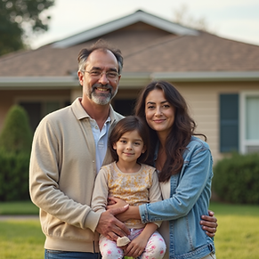 A welcoming, diverse family standing in front of a modest, well-maintained home, symbolizi