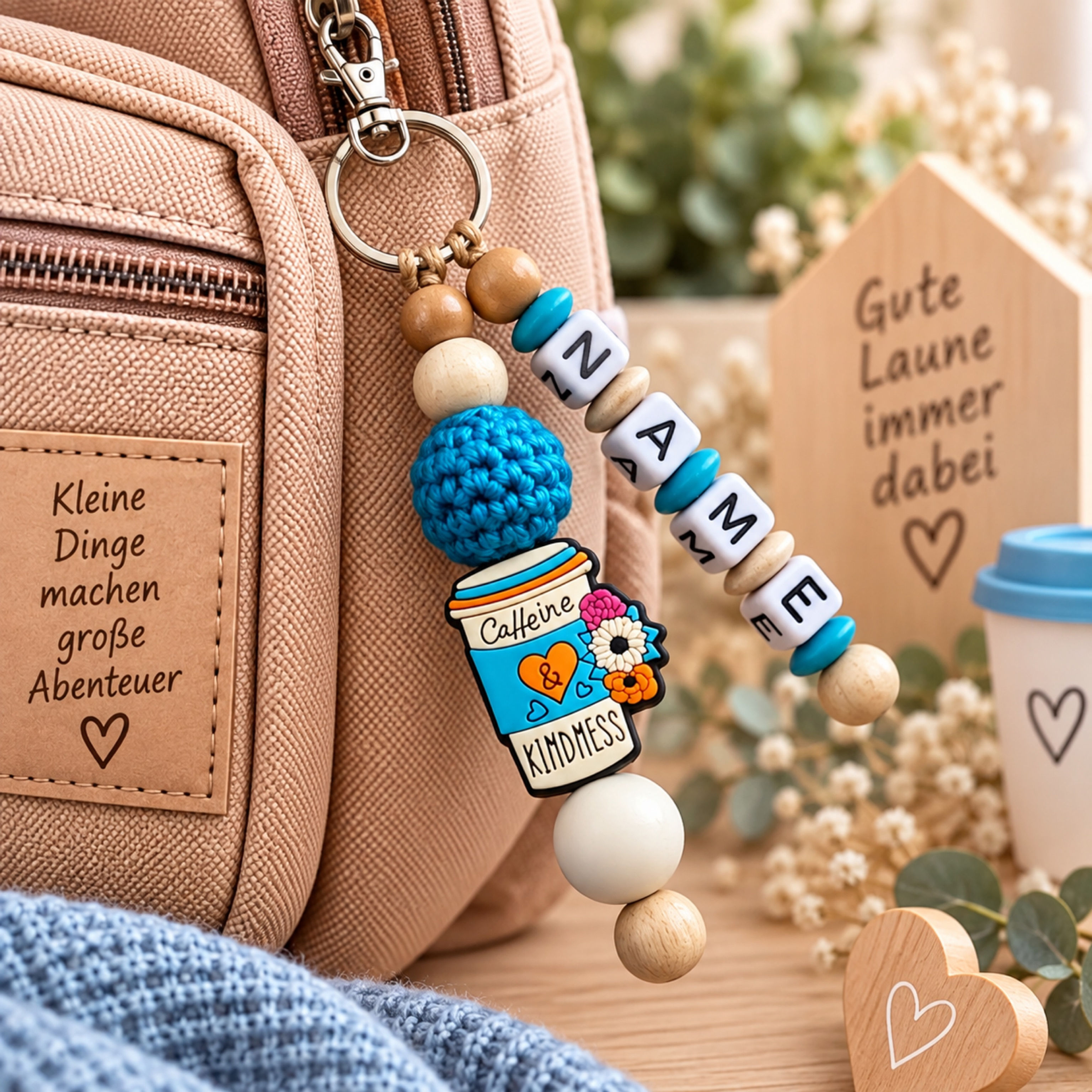 Schlüsselanhänger mit Namen Kaffeebecher, individuelles Geschenk