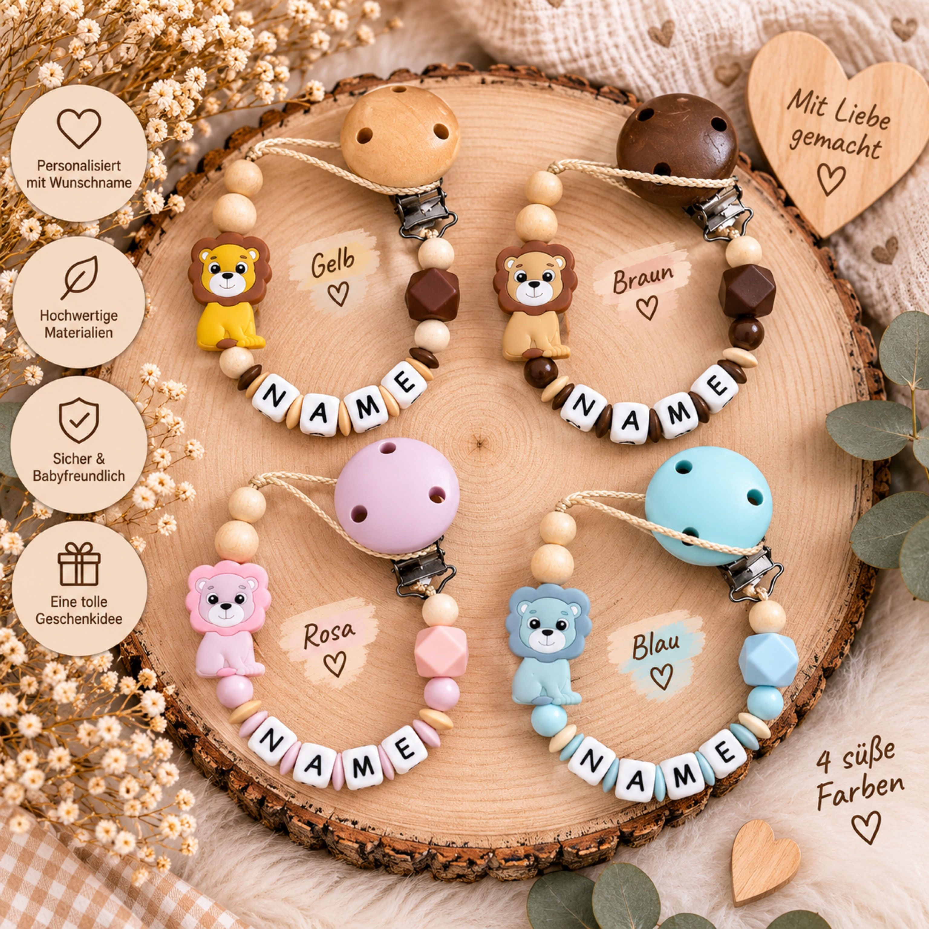 Schnullerkette mit Namen Löwe mit Hexagonperle - Nuckelkette personalisiert