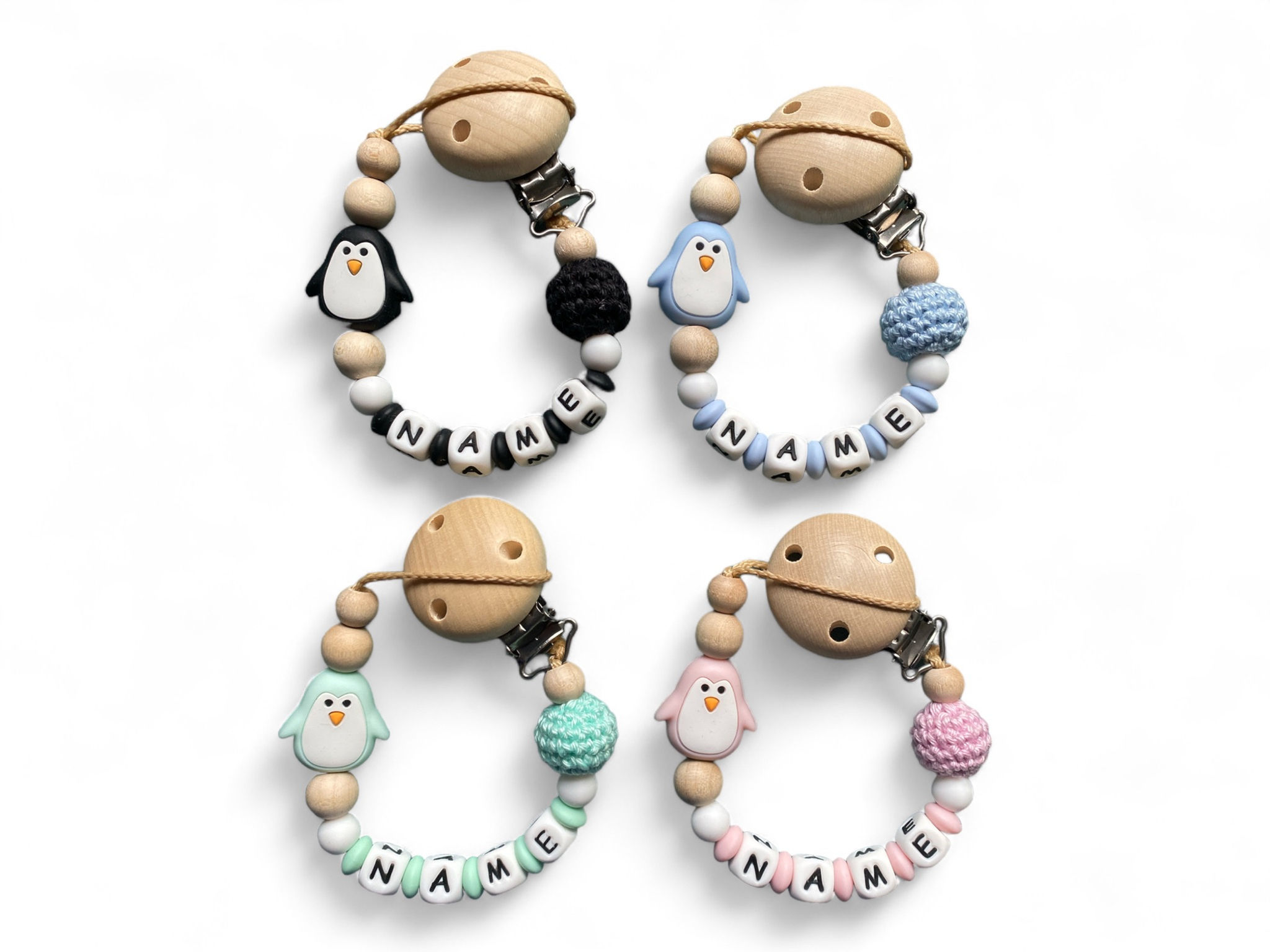 Schnullerkette mit Namen Pinguin - Nuckelkette personalisiert