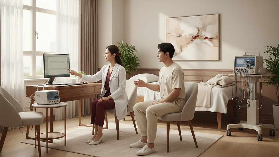 Eye-level view of a medical consultation room with sleep study equipment
