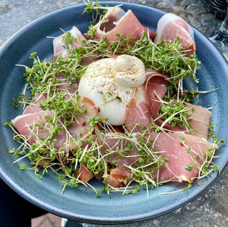 Burrata and Prosciutto Salad served at Louisiana Museum in Denmark