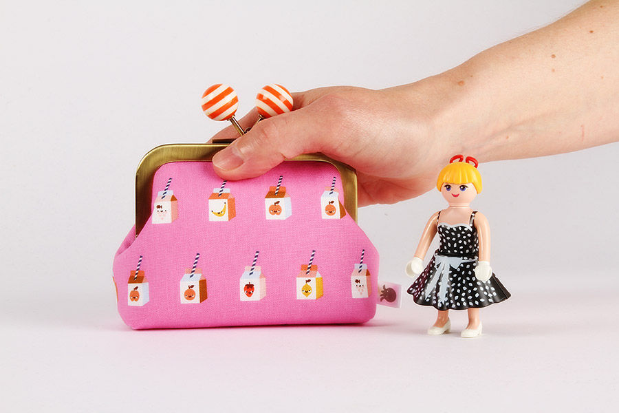 Miniature : Handmade kisslock fabric purse - Color dad - Sunshine smoothies in pink