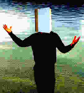 man with book for head