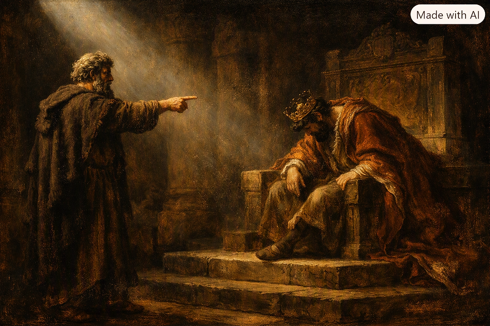 “The Prophet’s Finger and the King’s Shadow — 2 Samuel 12:1‑13” In a single beam of light, Nathan’s rebuke pierces the throne room and David’s conscience alike — a moment where divine truth meets human frailty.