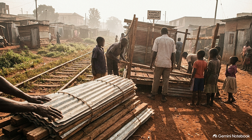 AI image Focuses on the real-world dignity and quiet resilience of community members along the disused Kampala rail corridor, showing families stacking salvaged iron roofing sheets and timber beams next to overgrown steel tracks as morning light filters through.