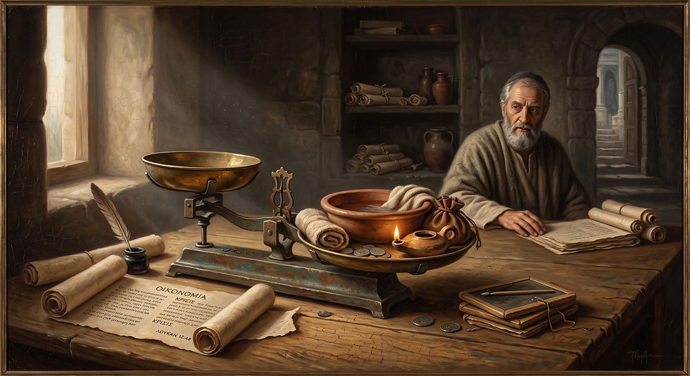 Proportional Accountability in the Balance: Visualizing the strict standard of Luke 12:48—"to whom much was given, of him much will be required". The manager sits before the scrolls of divine review (krisis), where privilege multiplies obligation rather than granting systemic immunity.