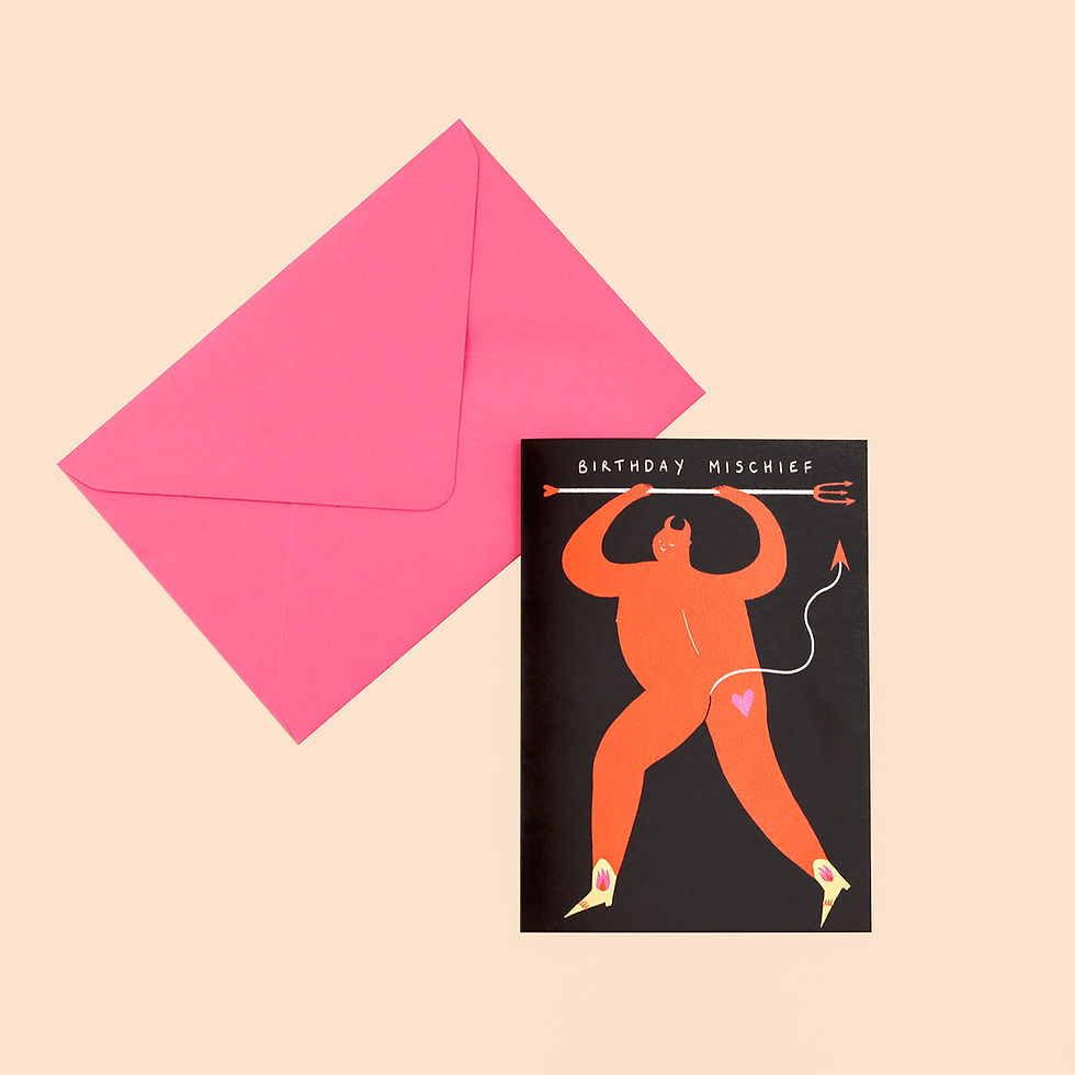 A Mischief Birthday Card from the greeting cards collection by Little Black Cat illustrated goods.