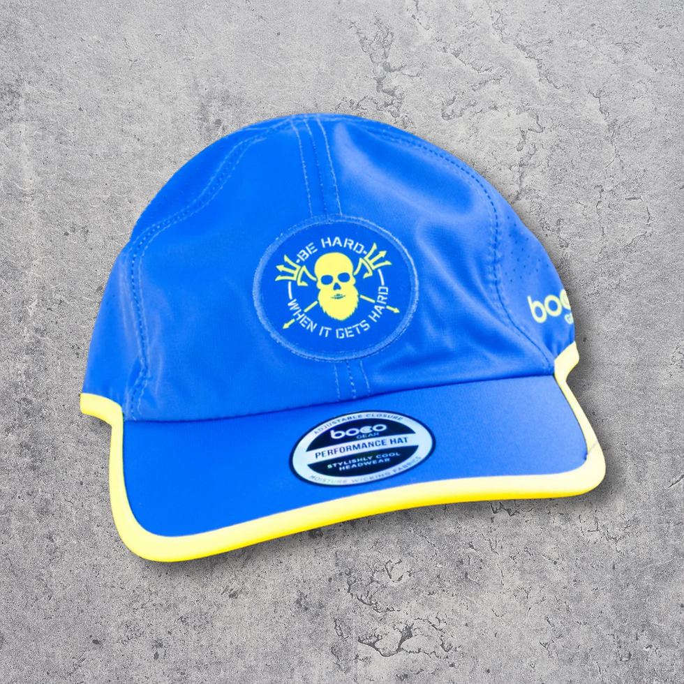 3 of 7 Project branded Be Hard running hat in blue and yellow