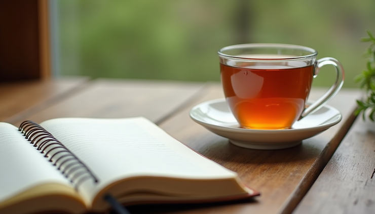 Close-up view of a journal and a cup of herbal tea on a wooden table