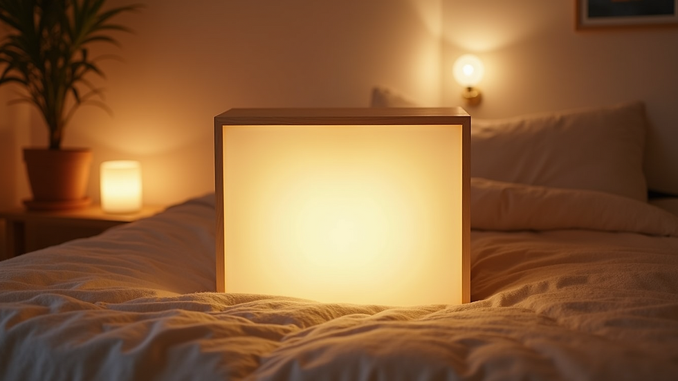 Close-up view of a light therapy box illuminating a cozy room