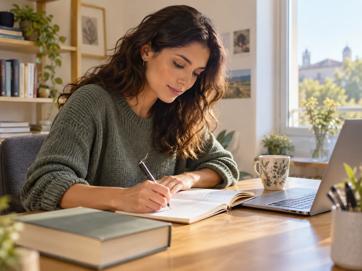 Illustrative adult learner practising writing at a study desk