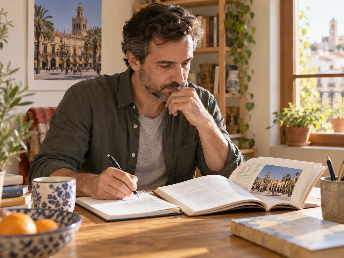 Illustrative adult learner revising with books about Spanish culture at a desk