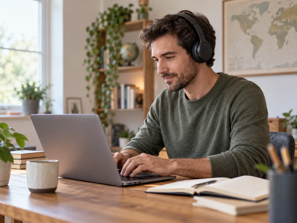 Illustrative adult learner studying with a laptop and headphones