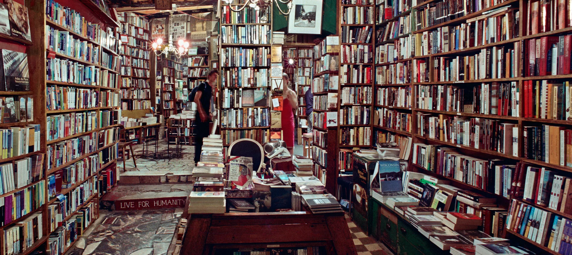 Bookshop interior with bookshelves in Paris