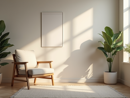 Calm room with white background showcasing a room similar to a therapy room.