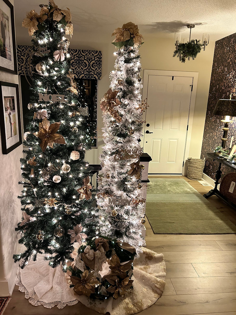 A home decorated for Christmas, including golden stockings, and golden tinsel.
