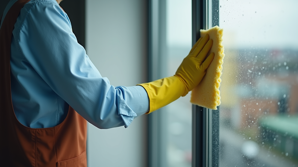 Augenhöhe einer Reinigungskraft bei der Fensterreinigung in einem Aargauer Büro