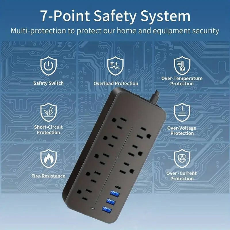 Thumbnail: Power Strip Surge Protector - 8 Outlets, 3 USB Ports & 1 USB-C Port