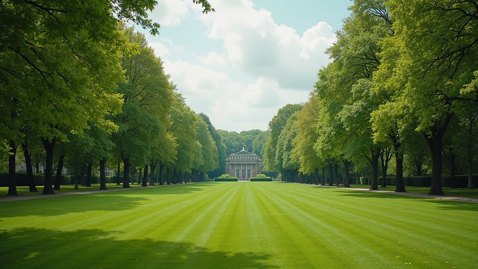 Wide angle view of a grassy park with trees