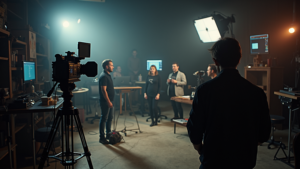 High-angle view of a film set during an intense editing session