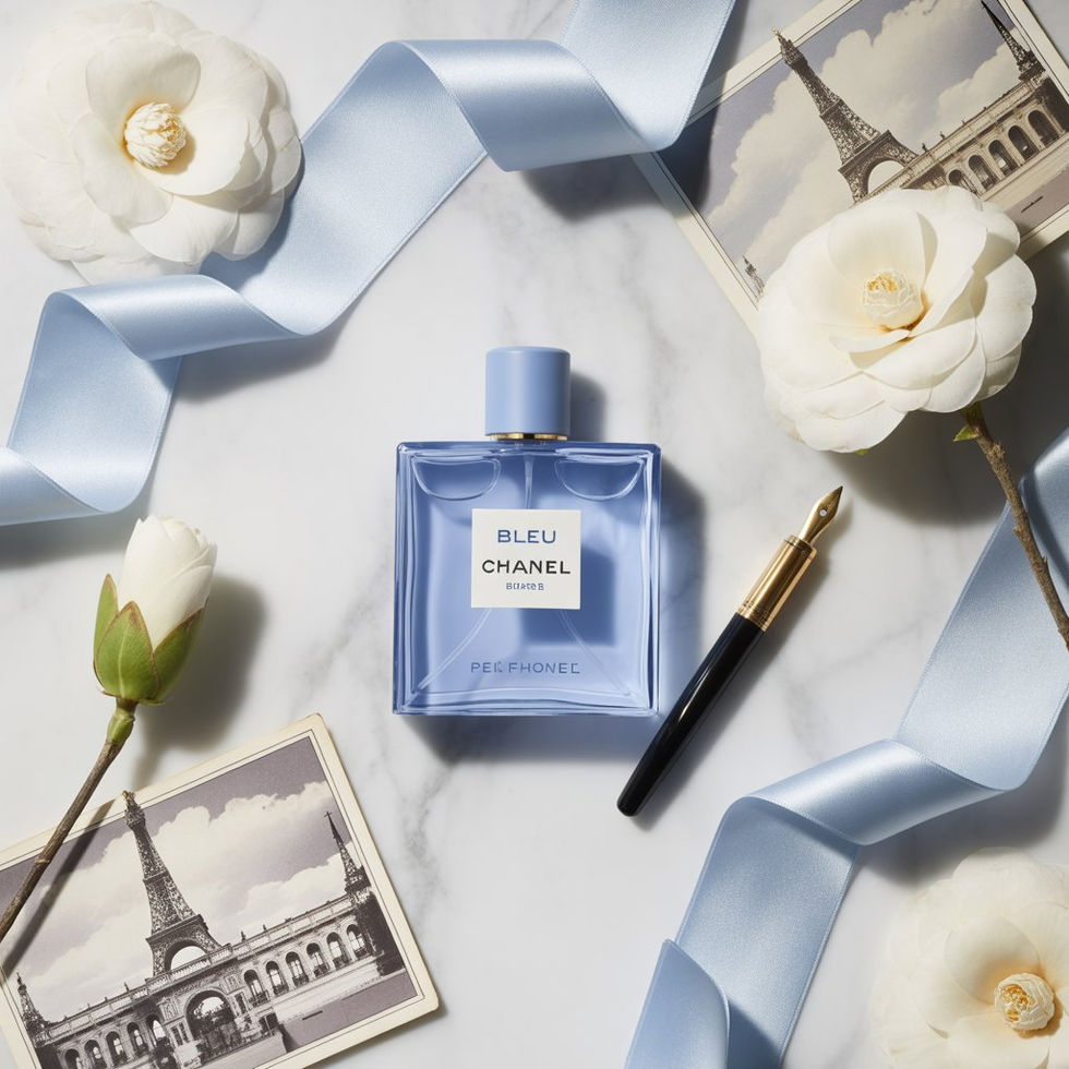 Blue Chanel Paris perfume bottle with ribbon and flowers