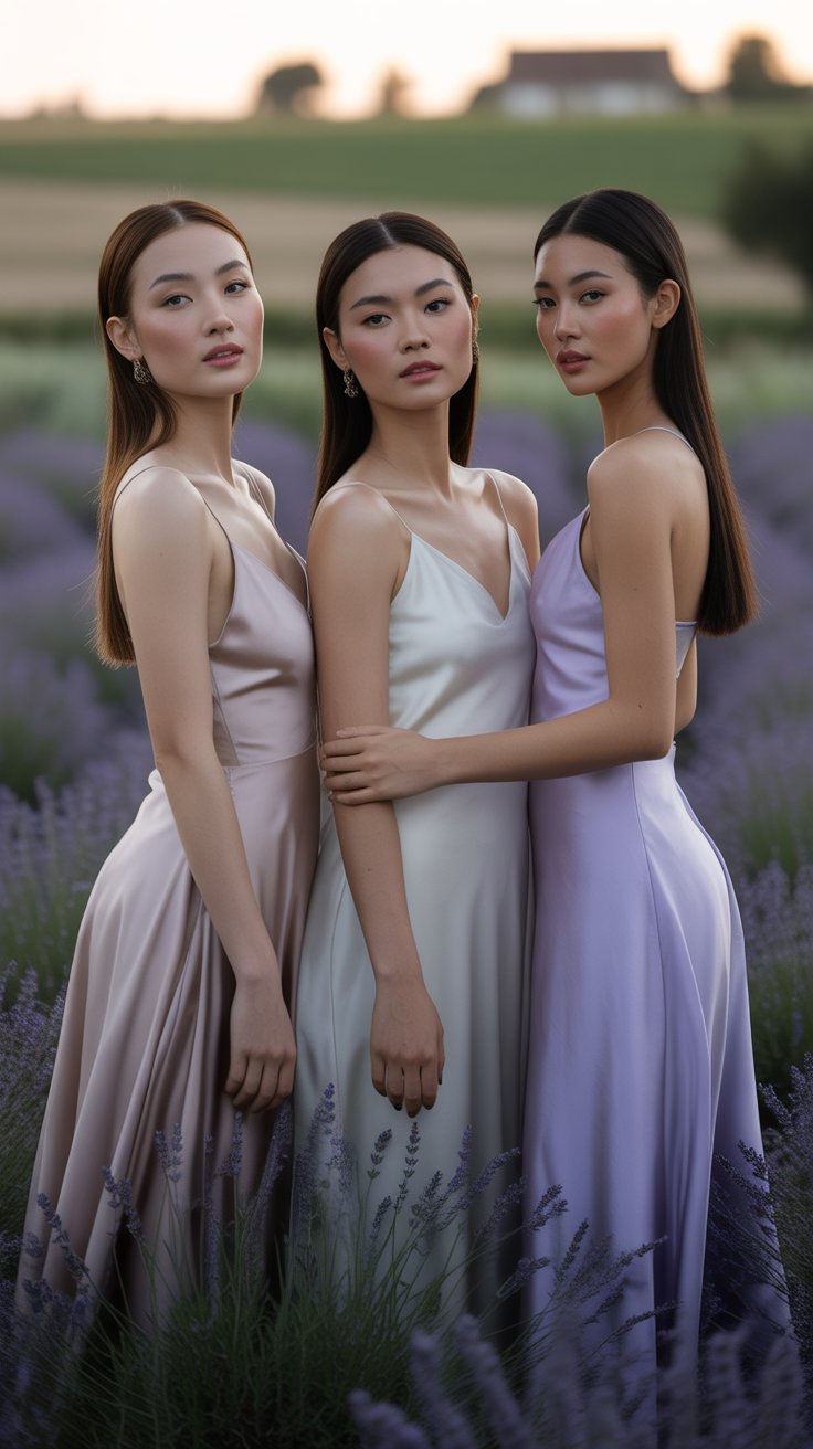 Three models in lavender field, wearing elegant silk dresses