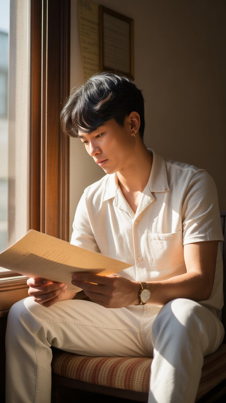Man in white shirt reading documents by sunlit window