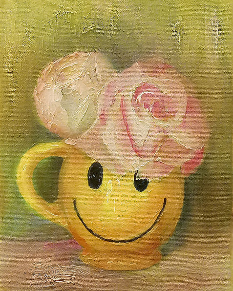 Oil on canvas painting of yellow smiley mug with flowers against a textured green background