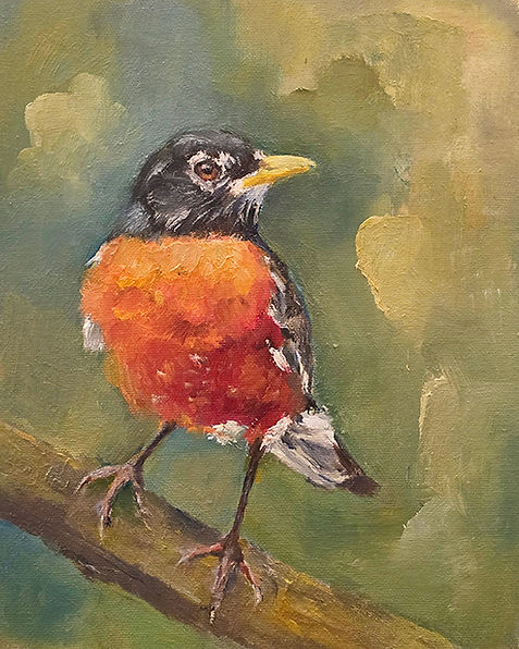 Oil on canvas painting of an American Robin against a green background with lots of texture