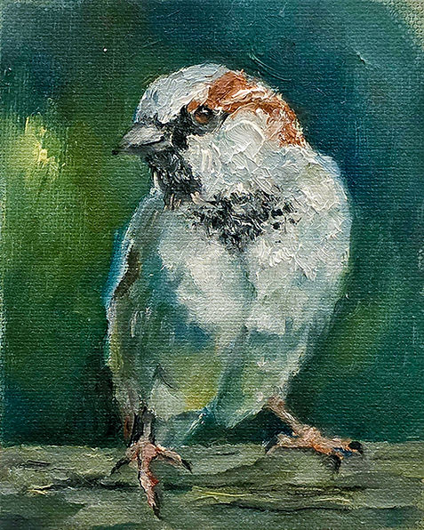 Oil on canvas painting of a sparrow against a dark green, textured background