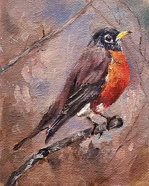 Oil on canvas painting of an American Robin against a fall like background