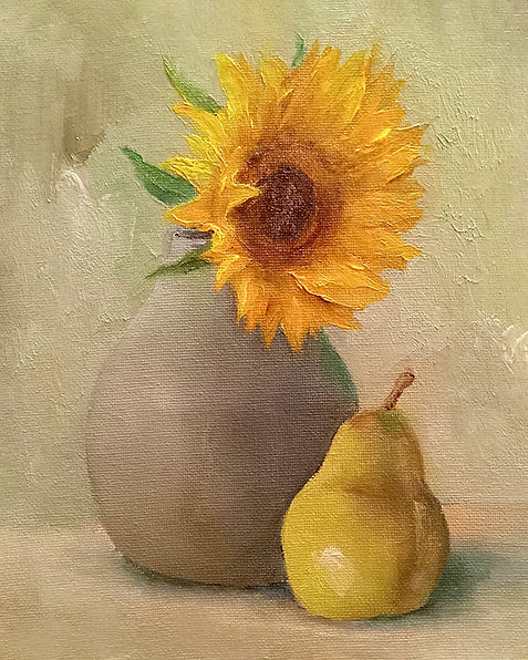 Oil on canvas painting of a vase with a sunflower and a pear next to it