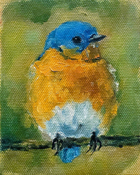 Oil on canvas painting of a Eastern Bluebird against a vibrant green, textured background