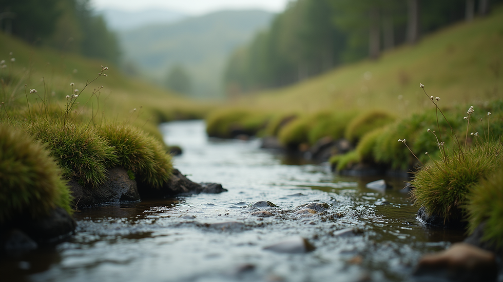 Close-up view of a serene landscape with a gentle stream