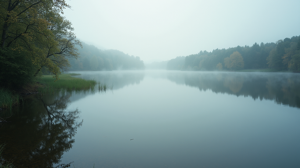 Eye-level view of a serene landscape with a calm lake and surrounding trees