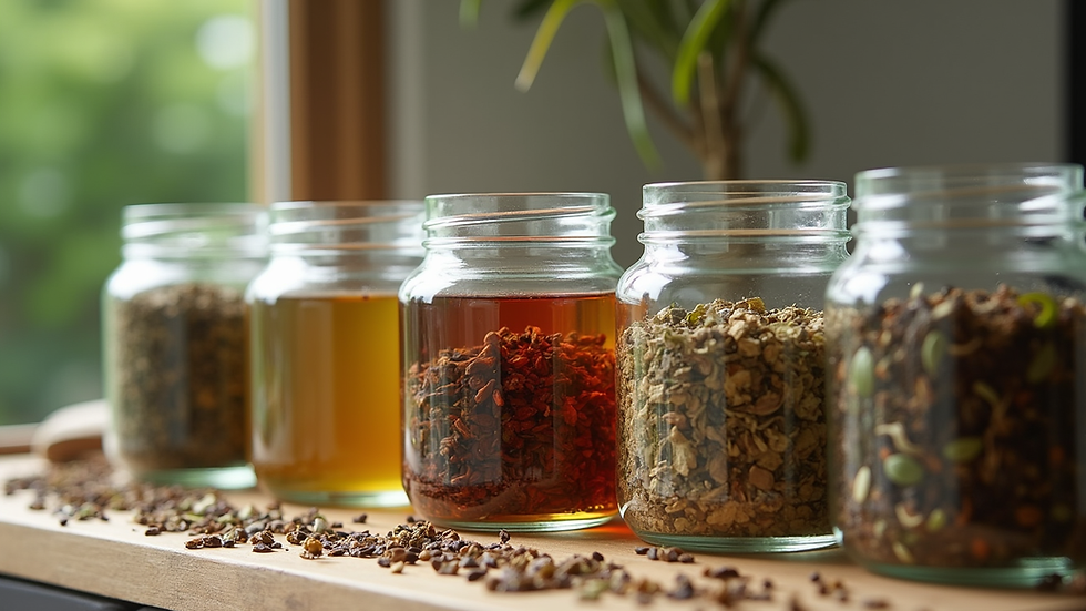 Close-up view of a variety of herbal teas in glass jars