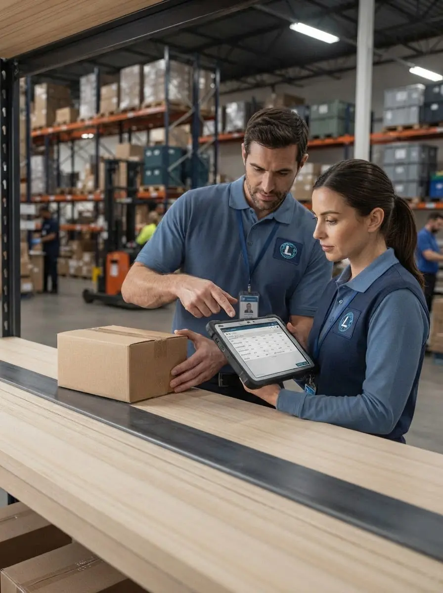 Studio photography of two warehouse workers reviewing inventory data on a tablet. The setting is clean and professional with a focus on organized logistics.