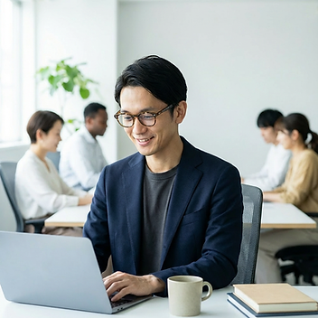 a_stylish_thin_Japanese_mid_30_aged_male_with_square_glasses_are_looking_at_the_computer_a