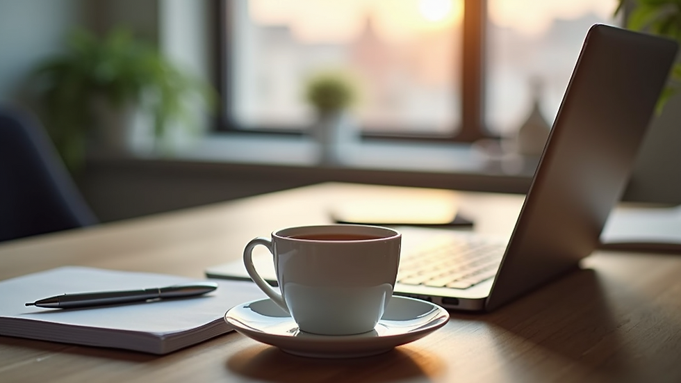 Eye-level view of a modern home office setup with a laptop and a cup of tea