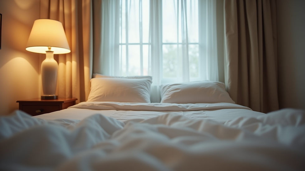 Eye-level view of a cozy bedroom with soft lighting and a neatly made bed