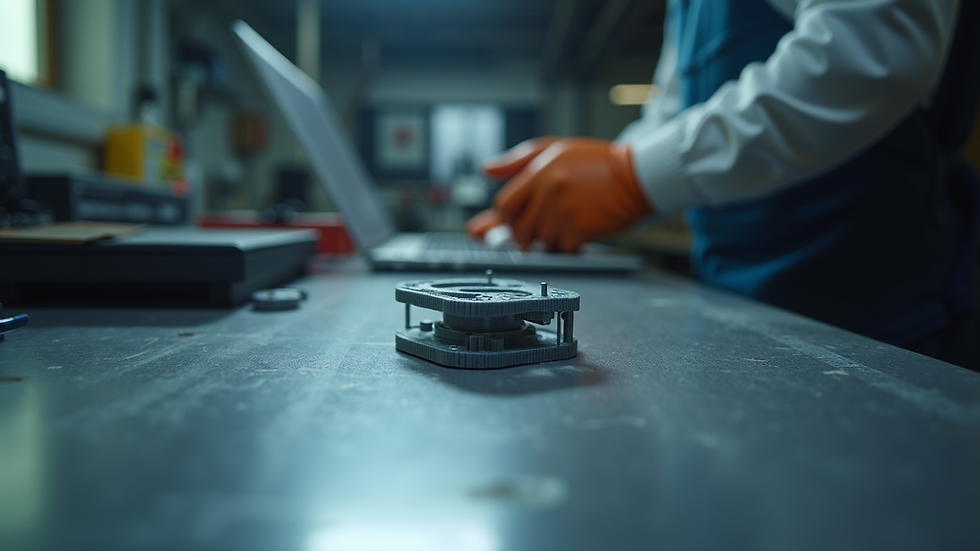 Eye-level view of a 3D printed mechanical part on a workbench