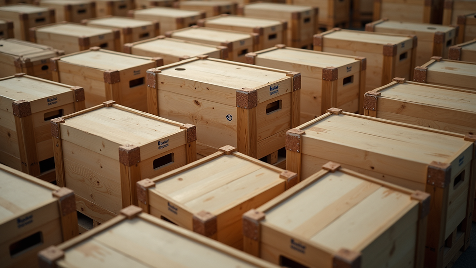 High angle view of stacked wooden crates ready for export