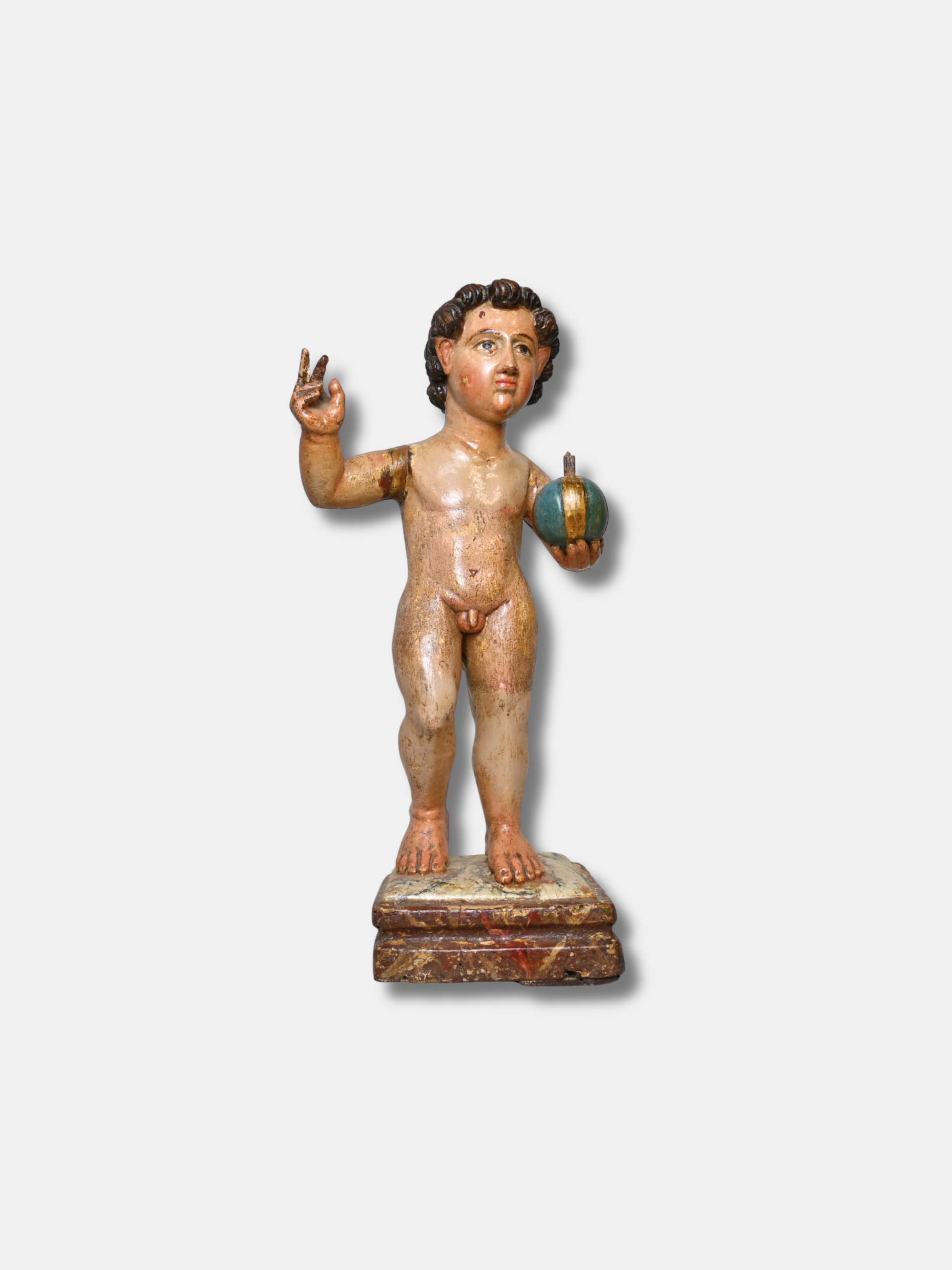 17th C., Wood Polychrome Sculpture, Child of the Ball - Salvator Mundi (Spanish)