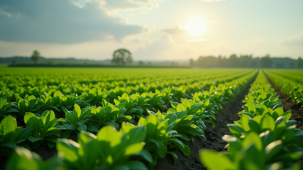 Wide angle view of a vertical farm with layered green crops