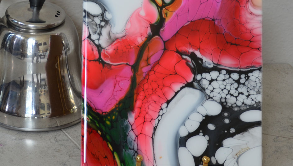 fluid art trivet, hand painted trivet, easel art, miniature art, acrylic pour on porcelain