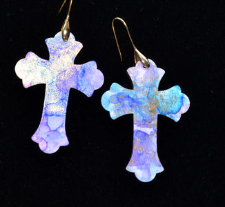 alcohol ink on acrylic earrings, cross earrings, hand painted cross earnings