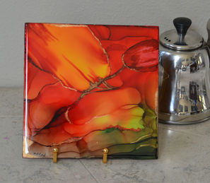 fluid art trivet, hand painted trivet, easel art, miniature art, alcohol ink on porcelain
